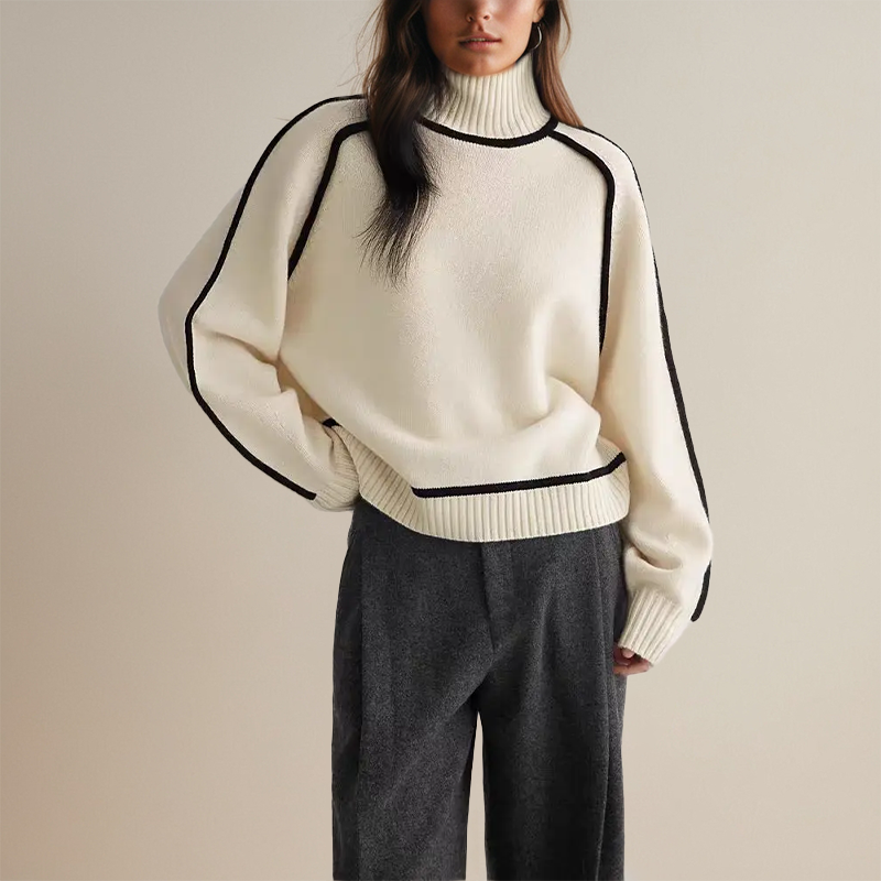 AMANDINE |  Pull col roulé luxueux avec détails contrastés