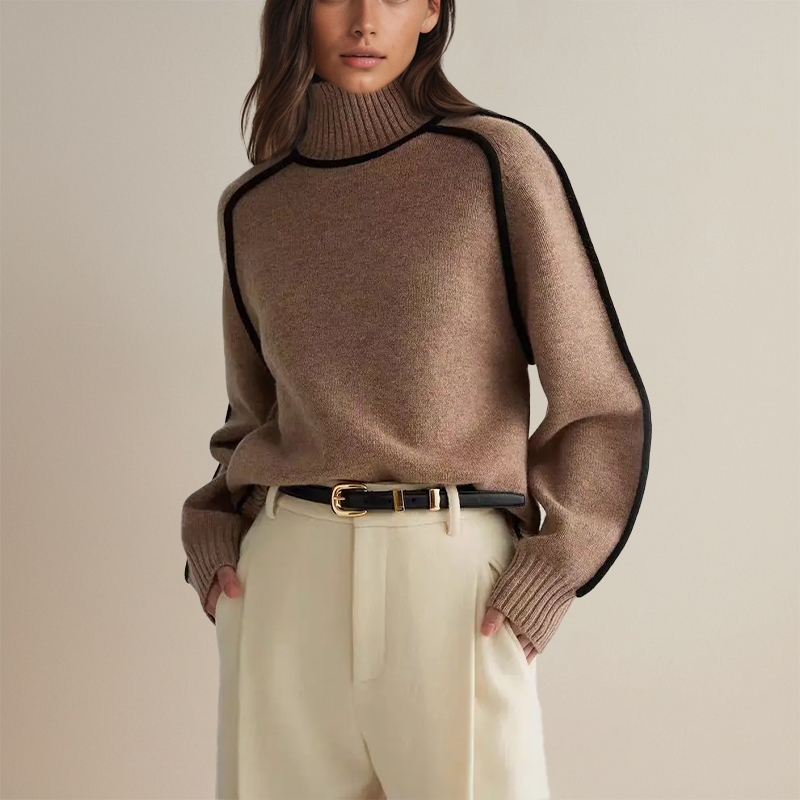 AMANDINE |  Pull col roulé luxueux avec détails contrastés